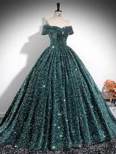 A-Line Off Shoulder Velvet Sequin Green Long Prom Dress, Green Long Formal Dress